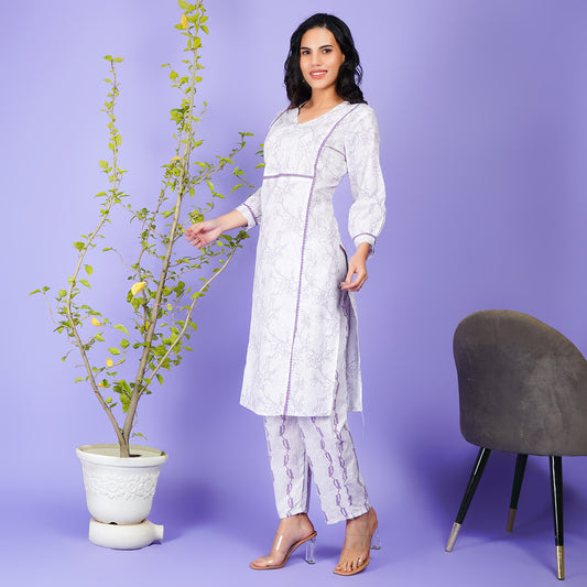 Lavender Floral Kurta Set with Delicate Lace Detailing | Comfortable Ethnic Wear for Women