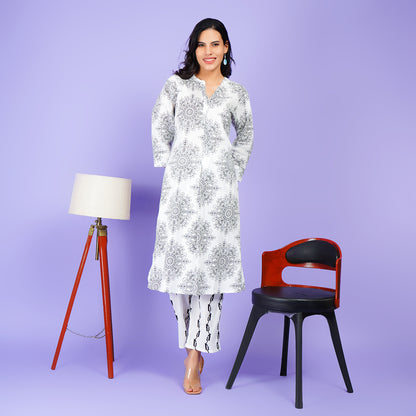 Elegant White Printed Rayon Kurta Set with Artistic Patterns