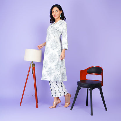 Elegant White Printed Rayon Kurta Set with Artistic Patterns