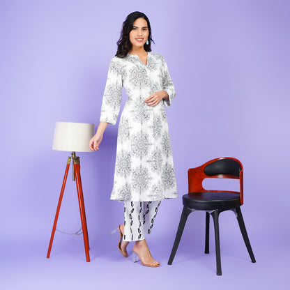 Elegant White Printed Rayon Kurta Set with Artistic Patterns