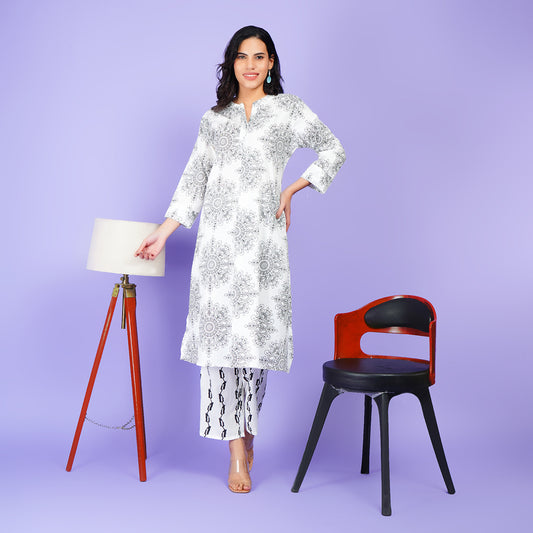 Elegant White Printed Rayon Kurta Set with Artistic Patterns