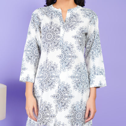 Elegant White Printed Rayon Kurta Set with Artistic Patterns