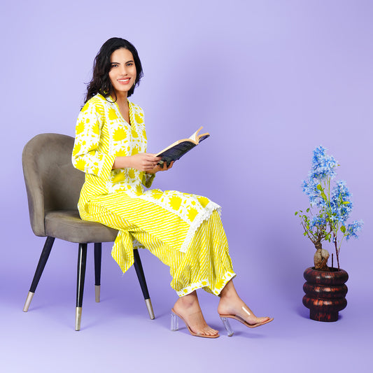 Elegant Radiant Yellow Rayon Kurta Set with Intricate Lace and Polka Dot Pants