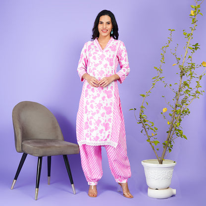 Floral Fusion Cotton Kurta Set with Striped Pajamas