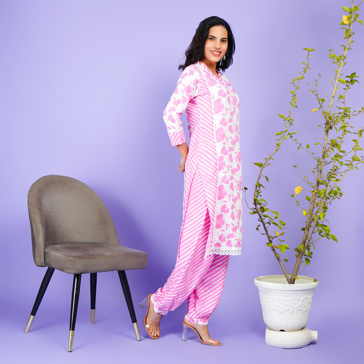 Floral Fusion Cotton Kurta Set with Striped Pajamas