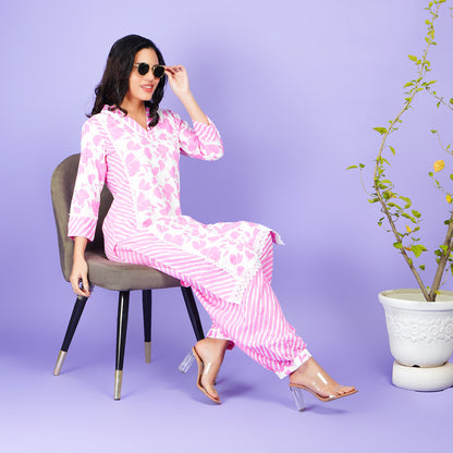 Floral Fusion Cotton Kurta Set with Striped Pajamas