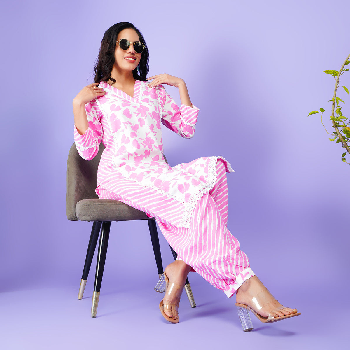 Floral Fusion Cotton Kurta Set with Striped Pajamas