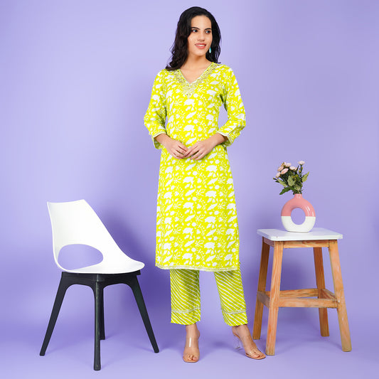 Lime Green Floral Rayon Kurta Set with Striped Trousers