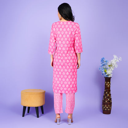 Elegant Rayon Pink Printed Kurta Pant Set - Stylish and Comfortable Ethnic Wear