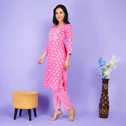 Elegant Rayon Pink Printed Kurta Pant Set - Stylish and Comfortable Ethnic Wear