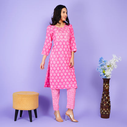 Elegant Rayon Pink Printed Kurta Pant Set - Stylish and Comfortable Ethnic Wear