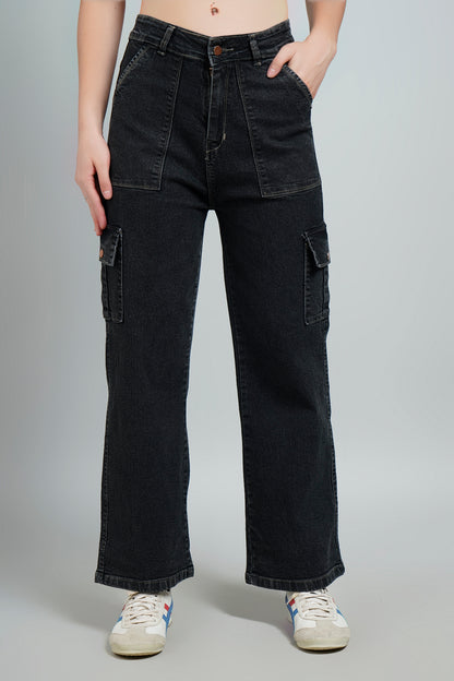 High Rise Cargo Style Straight Fit Black Jeans