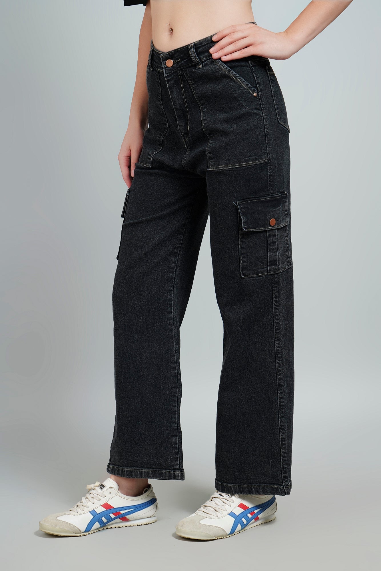 High Rise Cargo Style Straight Fit Black Jeans