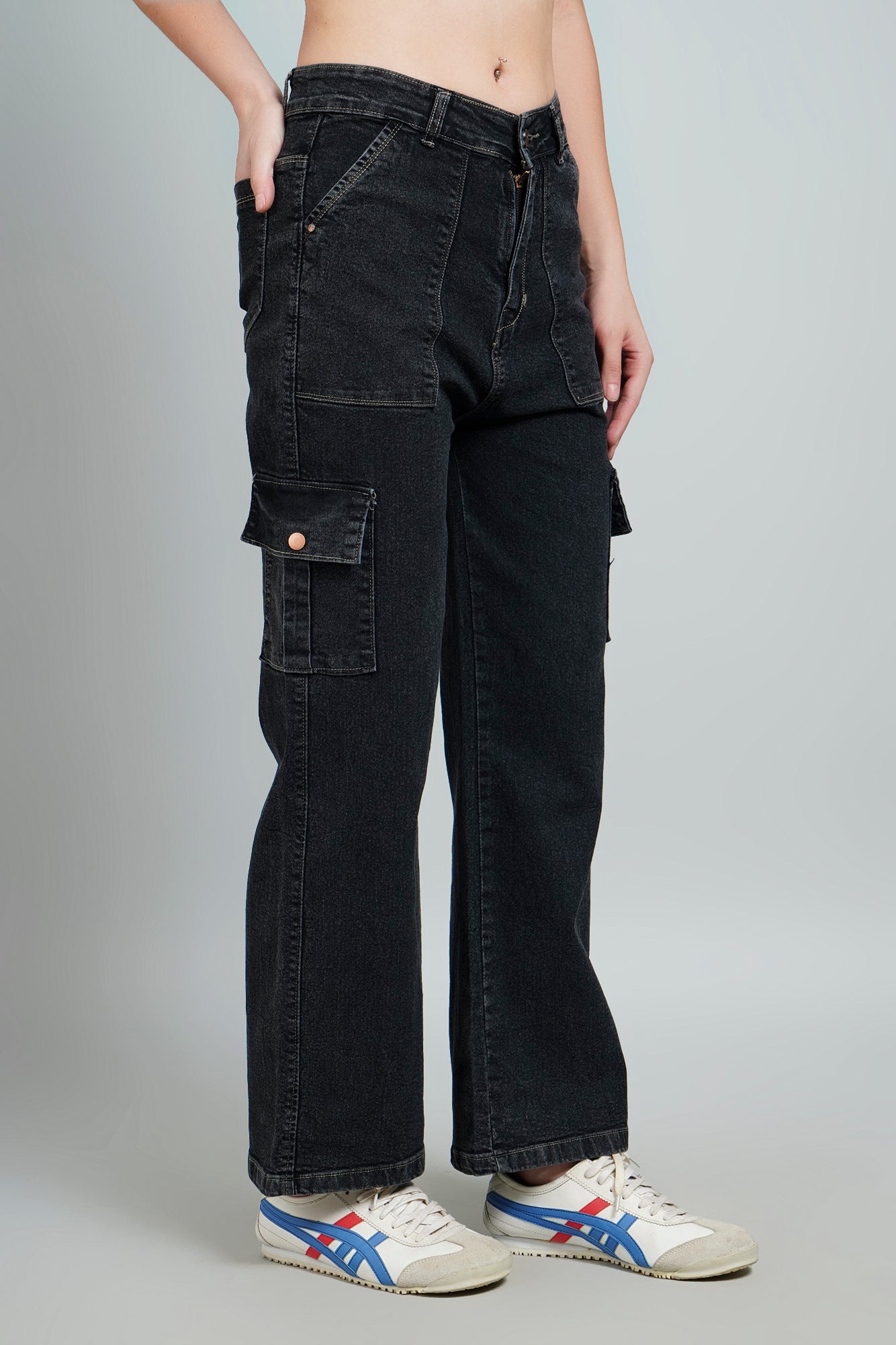 High Rise Cargo Style Straight Fit Black Jeans