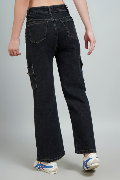 High Rise Cargo Style Straight Fit Black Jeans