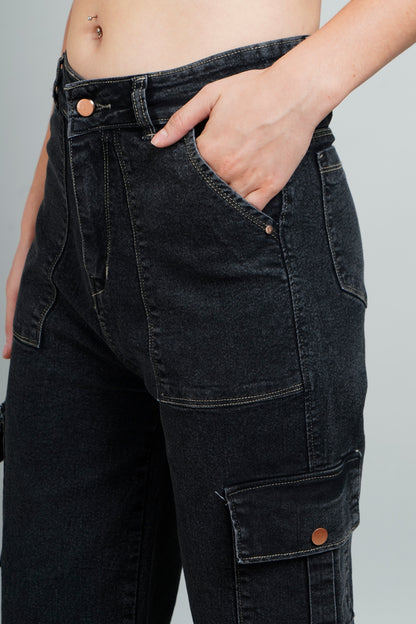 High Rise Cargo Style Straight Fit Black Jeans