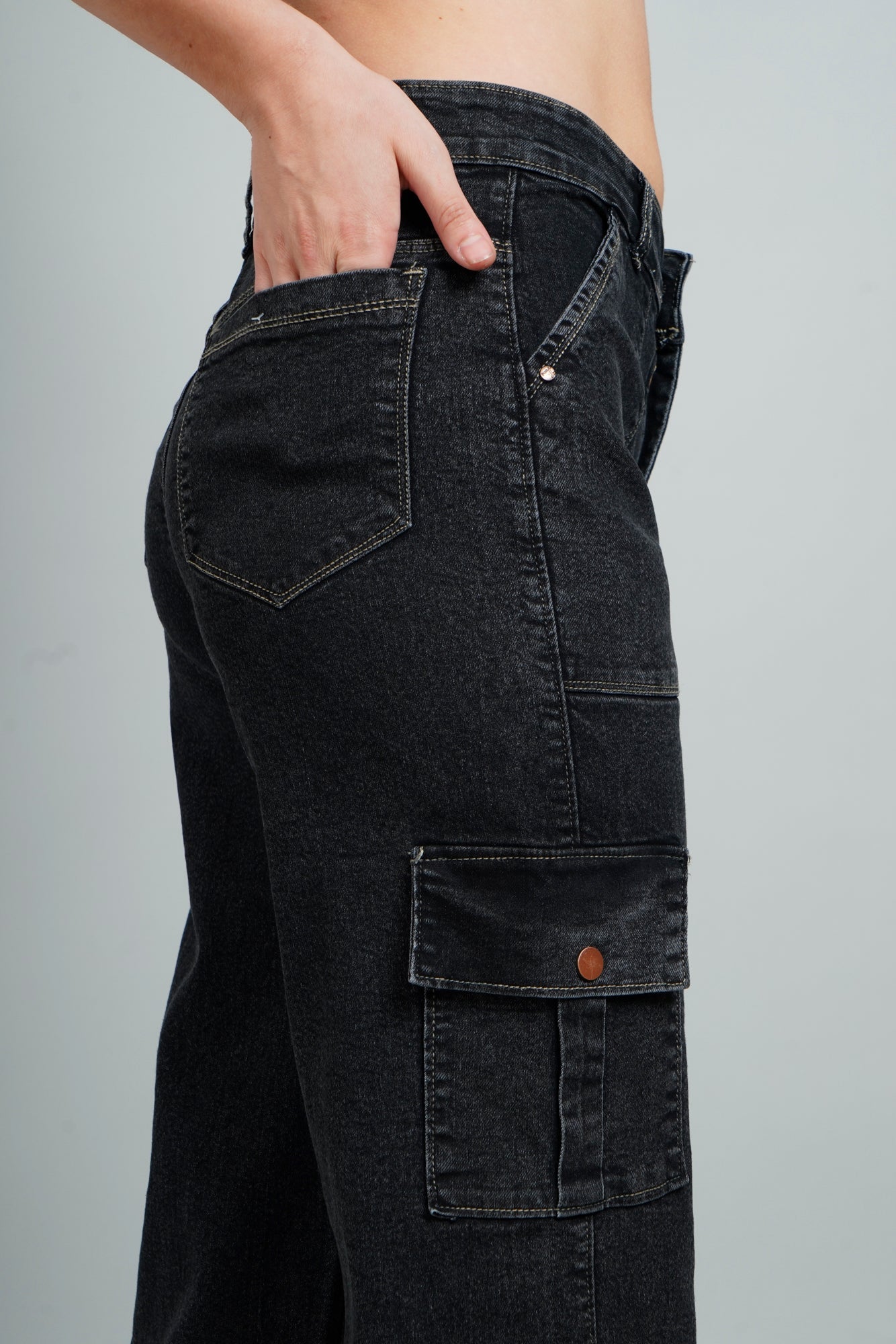 High Rise Cargo Style Straight Fit Black Jeans