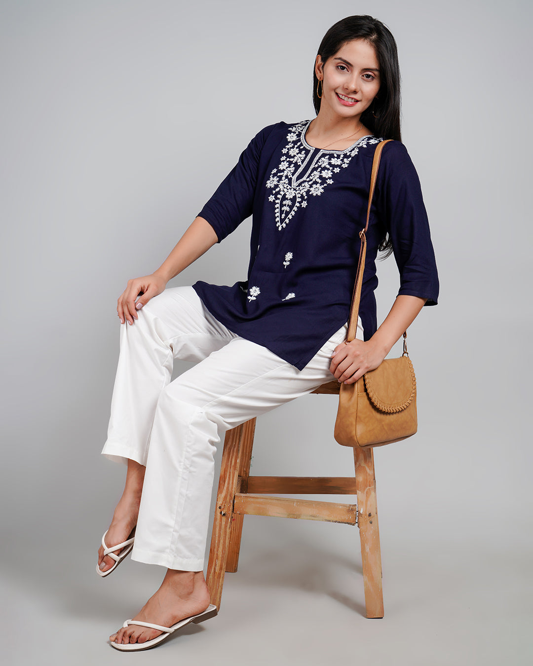 Navy Blue Kurta With White Embroidery