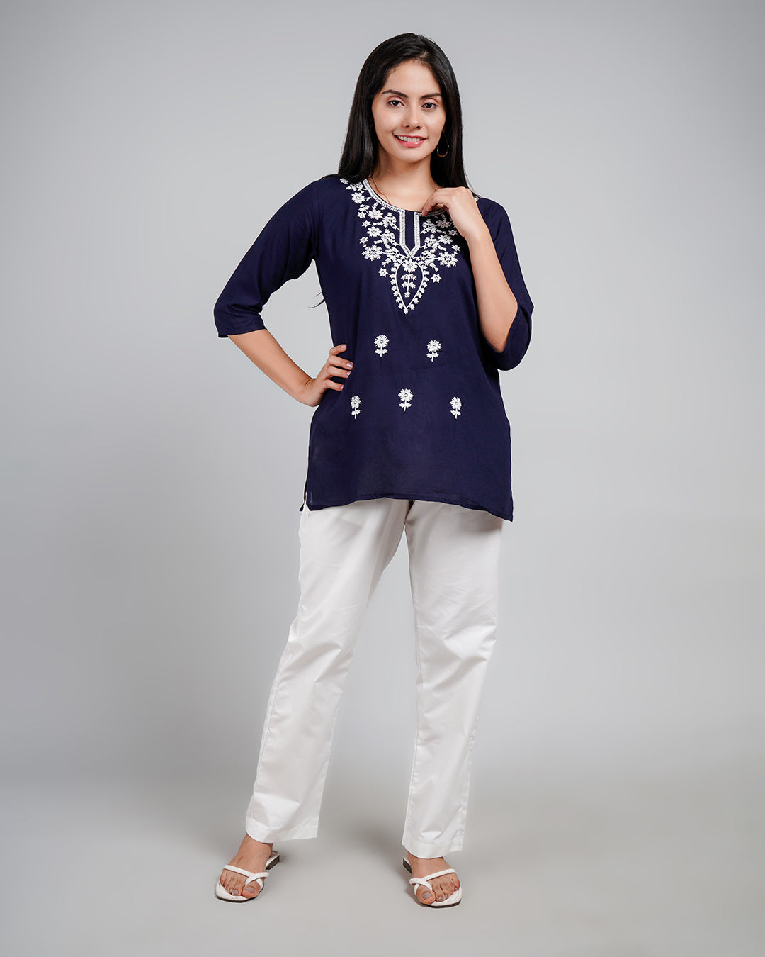 Navy Blue Kurta With White Embroidery