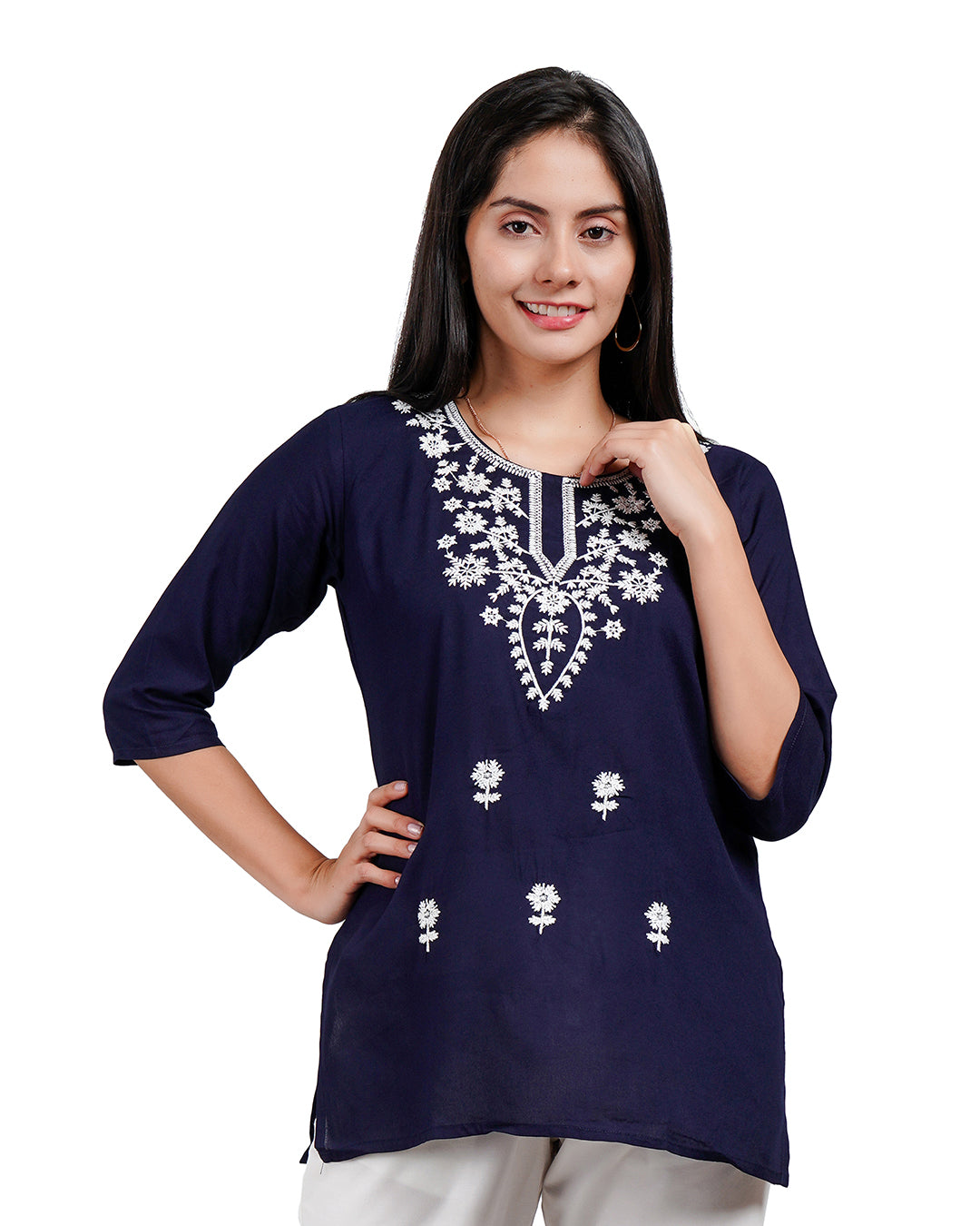 Navy Blue Kurta With White Embroidery