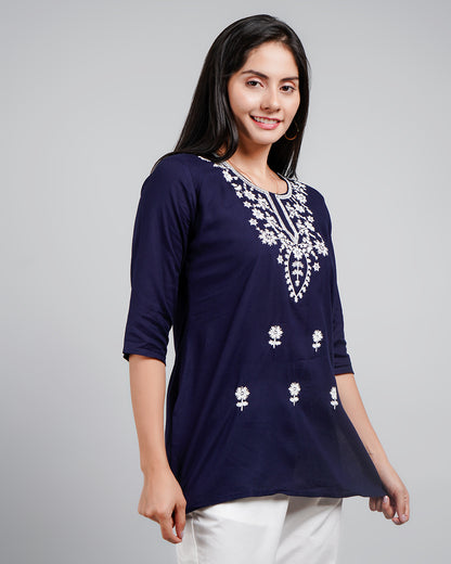 Navy Blue Kurta With White Embroidery