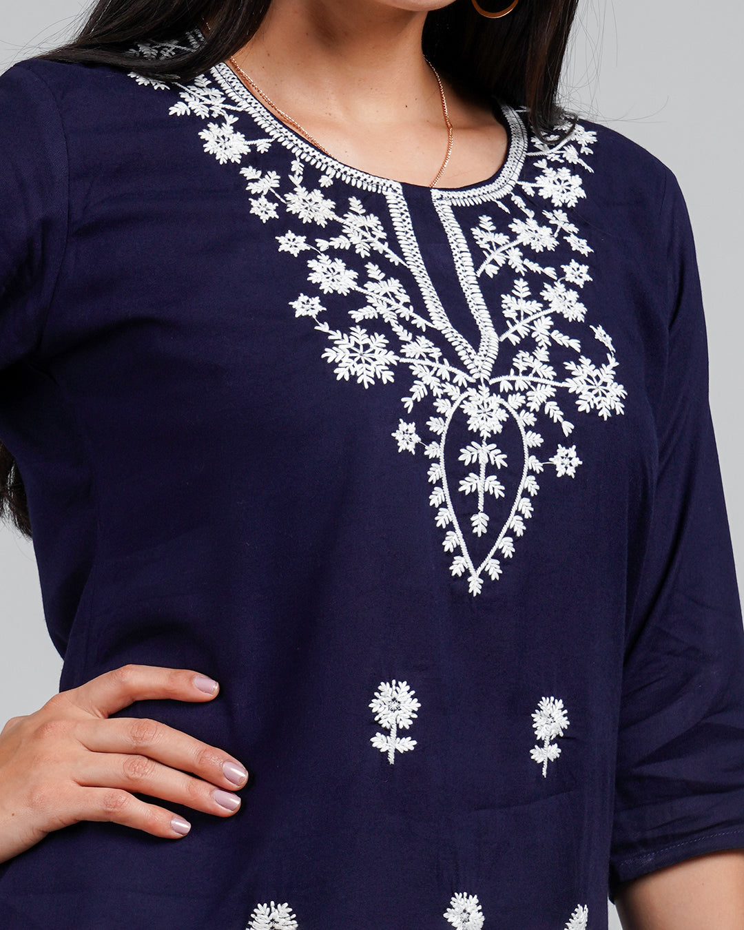 Navy Blue Kurta With White Embroidery