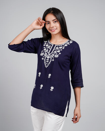 Navy Blue Kurta With White Embroidery