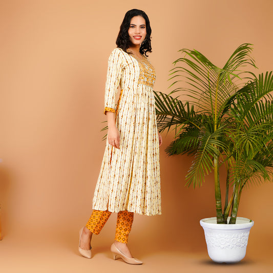 Elegant Yellow Rayon Kurta with Printed Pants - Ethnic Women's Set