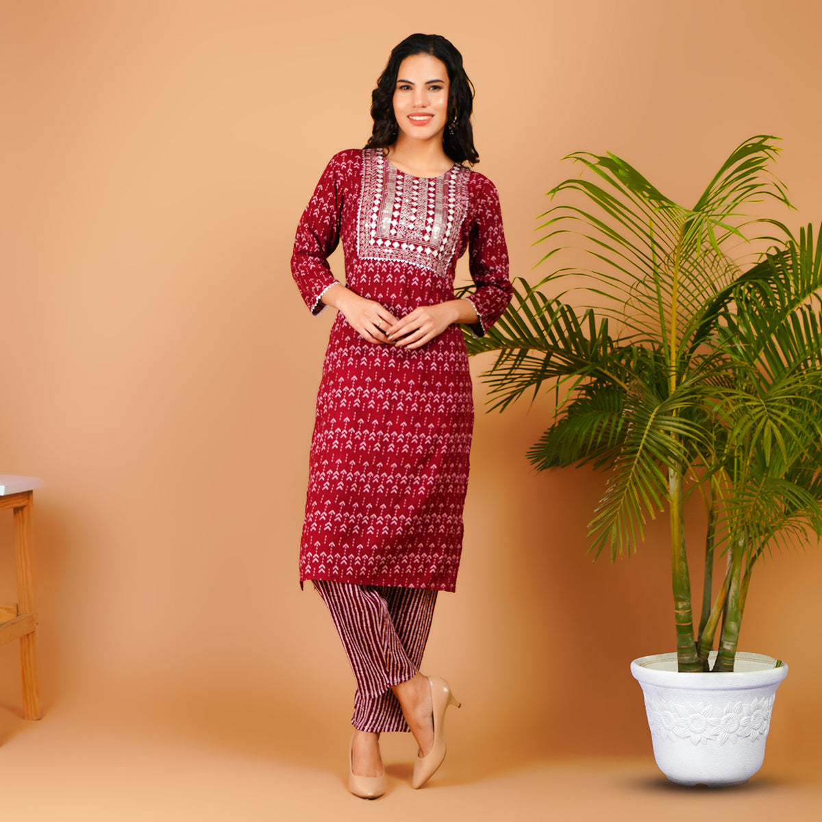 Elegant Maroon Printed Kurta Set for Women – Rayon Blend Comfort