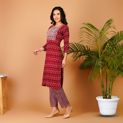 Elegant Maroon Printed Kurta Set for Women – Rayon Blend Comfort