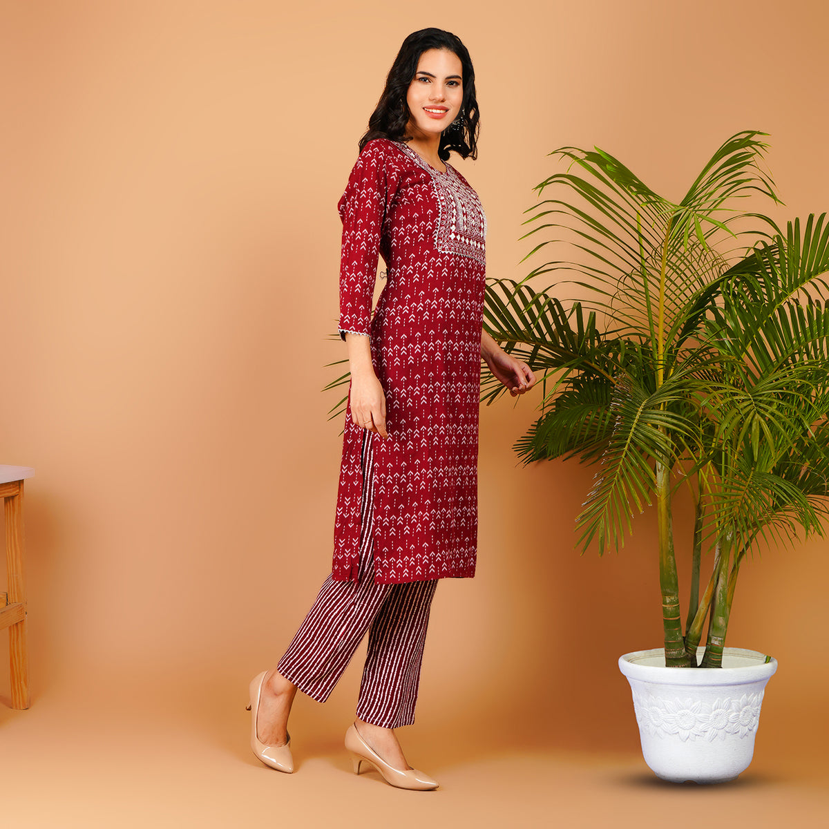 Elegant Maroon Printed Kurta Set for Women – Rayon Blend Comfort