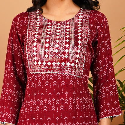 Elegant Maroon Printed Kurta Set for Women – Rayon Blend Comfort