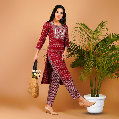 Elegant Maroon Printed Kurta Set for Women – Rayon Blend Comfort