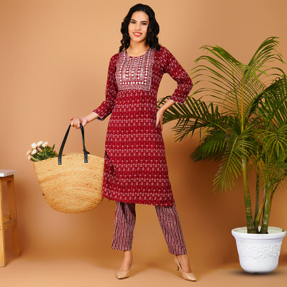 Elegant Maroon Printed Kurta Set for Women – Rayon Blend Comfort