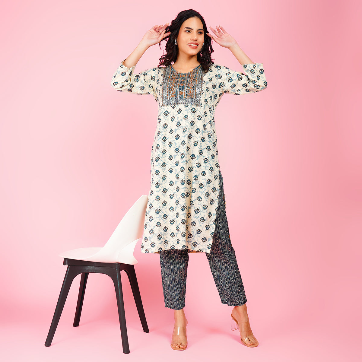 Elegant White Printed Kurta Set with Embroidered Yoke and Contrasting Blue Straight Pants for Women