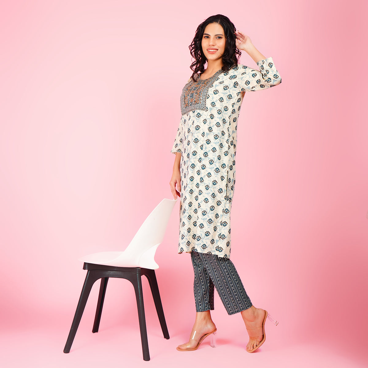 Elegant White Printed Kurta Set with Embroidered Yoke and Contrasting Blue Straight Pants for Women