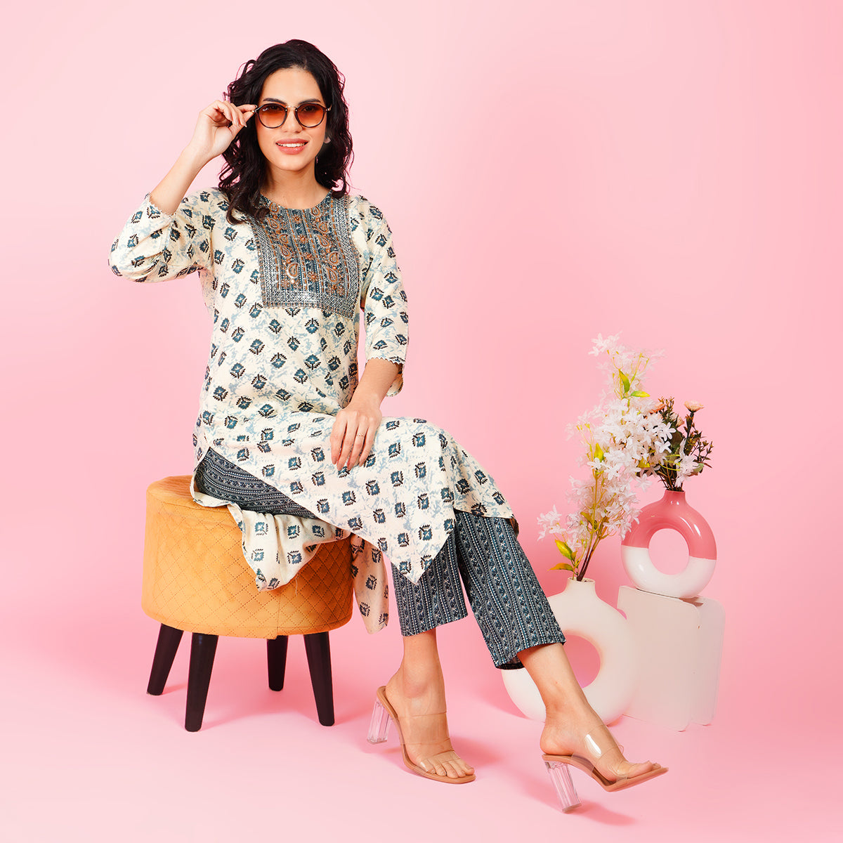 Elegant White Printed Kurta Set with Embroidered Yoke and Contrasting Blue Straight Pants for Women