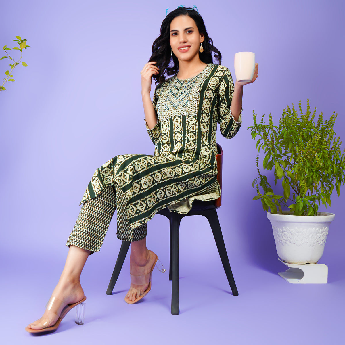 Green Ethnic Striped Kurta Set with Embroidered Yoke | Elegant Women’s Ethnic Wear