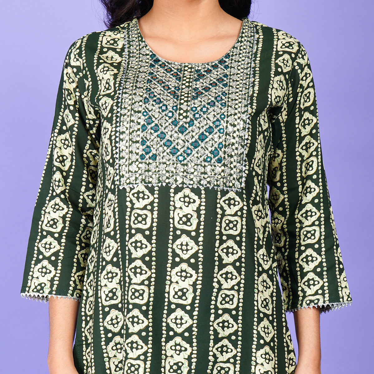 Green Ethnic Striped Kurta Set with Embroidered Yoke | Elegant Women’s Ethnic Wear